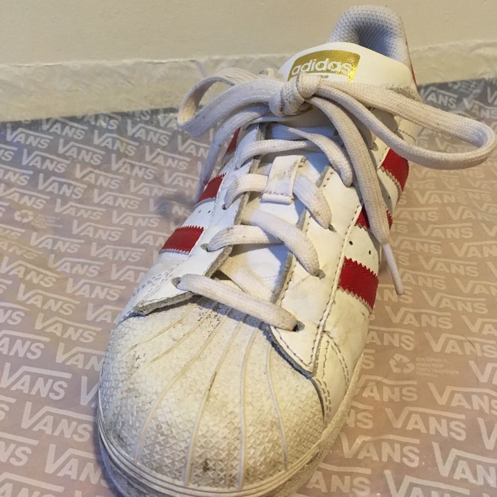 White and Red Adidas Superstars